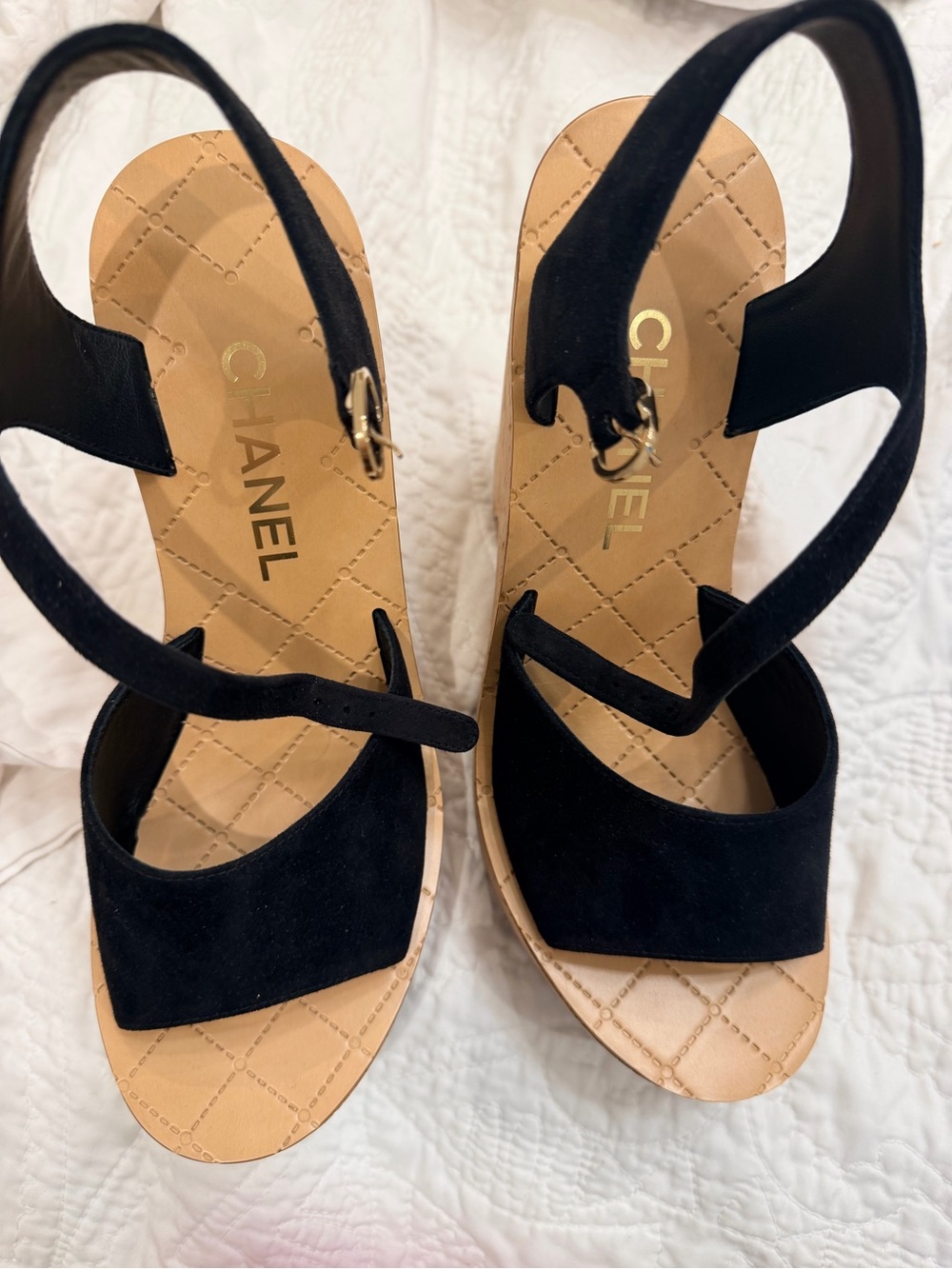 CHANEL Black Suede Open-Toe Slingback Sandals with Quilted Tan Insole